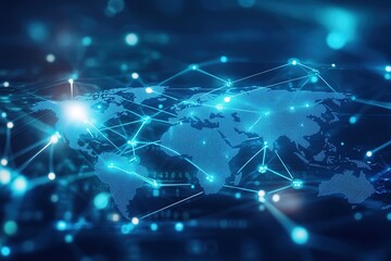 Obraz premium A digital representation of a world map, interconnected by glowing lines and dots, against a dark blue background, symbolizing global connectivity.