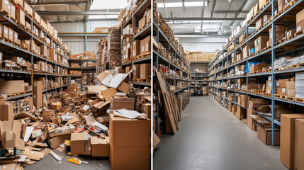 Fototapeta premium split screen image showing messy warehouse on left and organized one on right, highlighting contrast between chaos and order