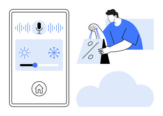 Smartphone interface with voice control and temperature adjustment icons next to a person holding shopping bags. Ideal for technology, smart home, e-commerce, retail, user interaction, consumer
