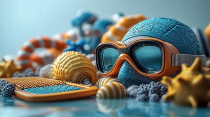 Colorful underwater gear and shells arranged artistically.