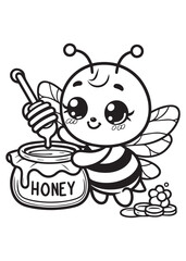Children coloring page cute bee with honey