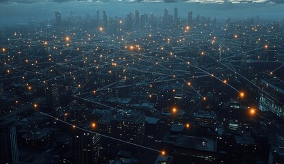 A futuristic cityscape with a network of glowing lines connecting the buildings, representing the interconnectedness of technology and communication.