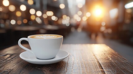 Fototapeta premium Warm Latte on Wooden Table in Cozy Cafe with Blurred Background