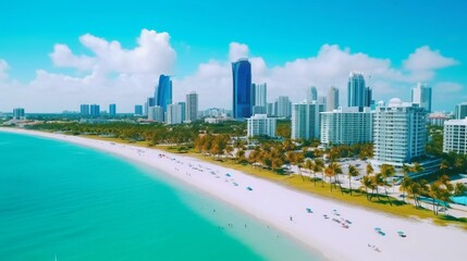 Naklejka premium Aerial view of a vibrant beach with skyscrapers and clear blue water under a sunny sky.