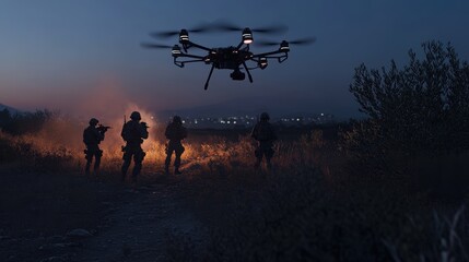 Fototapeta na wymiar A specialized combat unit on a covert mission behind enemy lines, using a combination of advanced reconnaissance drones and night vision to gather intelligence.