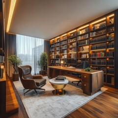 Modern Home Office with Extensive Bookshelf and Large Window