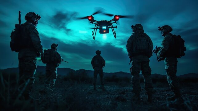 A specialized combat unit on a covert mission behind enemy lines, using a combination of advanced reconnaissance drones and night vision to gather intelligence.