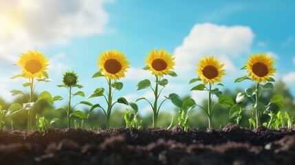 Close up view of sunflowers blooming in the field