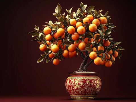 Ornate orange tree with golden fruit in a decorative pot adorned with red and gold accents, isolated on a dark maroon background, with ample space for personalized greetings