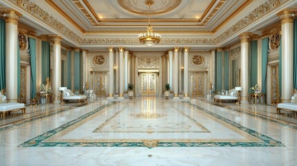 Obraz premium Grand Palace Hall Interior Design with Marble Floor Gold Accents and Green Curtains