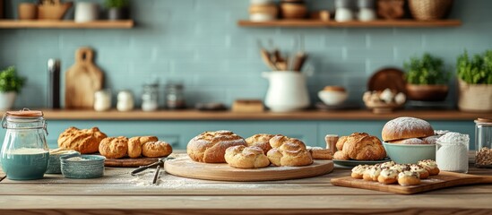 Freshly baked pastries on a wooden table in a kitchen setting.