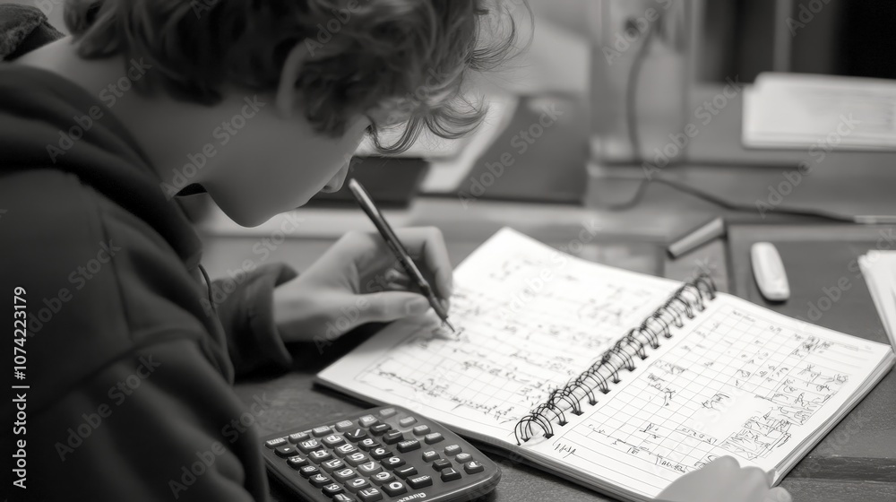 Poster a student working through a math problem with a calculator and notebook.