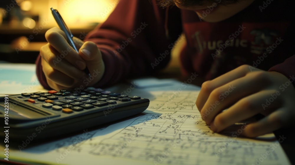 Poster a student working through a math problem with a calculator and notebook.