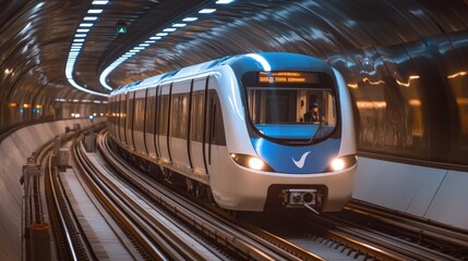 Naklejka premium A subway train speeding through underground tunnels in a busy city, showcasing the efficiency and convenience of urban rail transportation