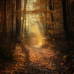 Obraz premium Sunlit Path Through Autumn Forest