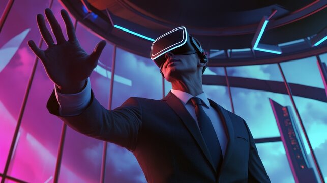 A suited businessman in VR goggles looks upward, as if observing virtual charts or projections.