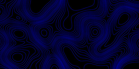 Luxury topographic wavy pattern and geographic grid map design mountain relief abstract lines background, contour maps vector illustration geometric blue wave curve lines texture black background.