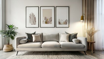 Ai Generate Minimalist interior design with sofa and framed posters