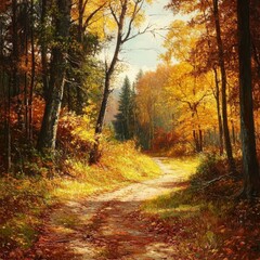 Obraz premium A Winding Path Through a Golden Autumn Forest