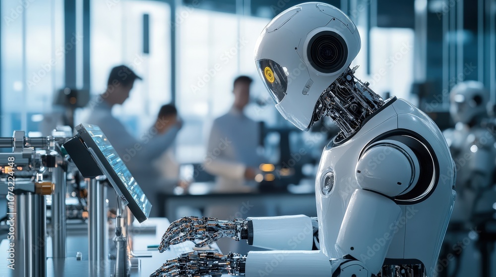 Poster a team of engineers developing a cutting-edge ai robot that can perform intricate tasks, showcasing 