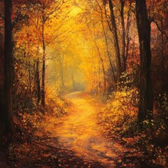A Sunlit Path Through a Golden Autumn Forest