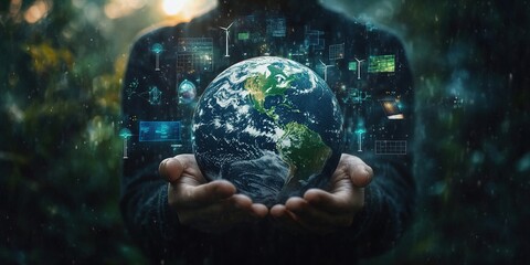 Person holding a glowing Earth with digital icons floating around it, representing the concept of sustainability and technology.
