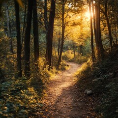 Naklejka premium A Sun-Drenched Path Winding Through an Autumnal Forest