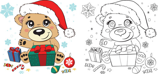 Cute winter bear color and outline with gift boxes and Christmas decorations, snowflakes on white background. Coloring book, card, invitation