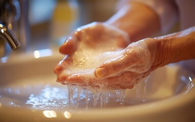 Fototapeta premium Close-Up of Hands Washing with Soapy Bubbles, Creating a Relaxing Atmosphere