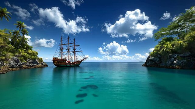 Pristine turquoise lagoon nestled between lush tropical cliffs. Classic sailboat anchored in crystal-clear waters. Palm trees frame white sandy beach. Dramatic blue sky with billowing cumulus clouds. 