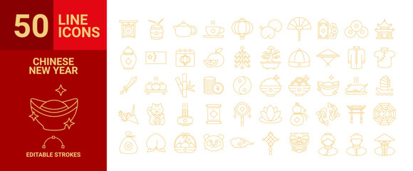 50 Chinese New Year line hand drawn icon set or signs on traditional chinese holiday topic, lanterns, coins,  flowers, lucky symbols and other decorations