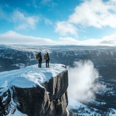 Two Hikers on a Snow-Covered Mountaintop Overlooking a Misty Valley