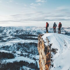 Three Hikers on a Snowy Mountaintop Overlooking a Valley