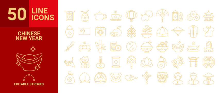 50 Chinese New Year line hand drawn icon set or signs on traditional chinese holiday topic, lanterns, coins,  flowers, lucky symbols and other decorations