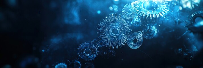 Obraz premium Abstract blue gears in a dark background with bokeh.