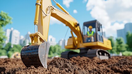 Obraz premium Excavator Digging Soil Construction Site Heavy Machinery Industry
