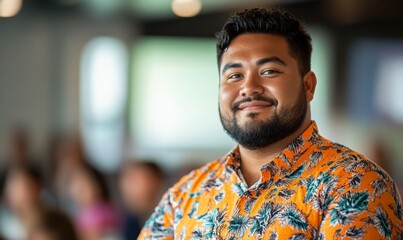 Fototapeta premium Confident Plus-Size Man Presenting in Bright Academic Setting