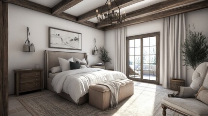 Luxury farmhouse bedroom with rustic wood beams, neutral colors, and soft textures 