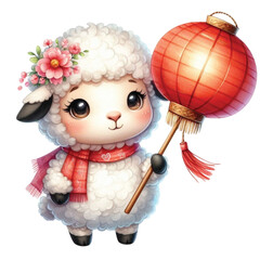 Fototapeta premium Cute sheep holding lanterns clipart watercolor
