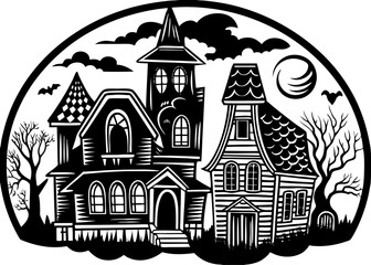 Fototapeta premium Spooky haunted mansion and mystic fairytale house: Halloween-themed vector coloring page for children - fantasy black and white contour illustration