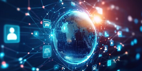 A digital globe surrounded by connected icons on a blue and red background represents global connectivity.