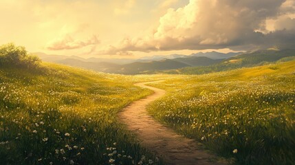 Obraz premium A winding path in a sunlit meadow, leading toward a distant horizon, symbolizing the journey of new beginnings and endless possibilities