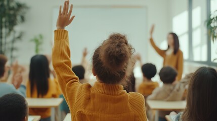 Education, question with group of children in classroom and raise their hands to answer. Learning or support, diversity and teacher teaching with young students in class of school building together