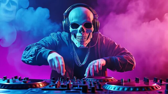 Skeleton DJ Spinning Beats under Neon Lights
