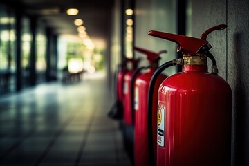 Three red fire extinguishers mounted on a wall in a building hallway.