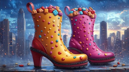 Colorful gumboots overflowing with sweet treats in a vibrant urban scene