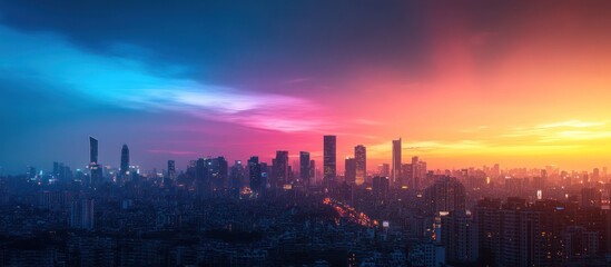 A panoramic view of a city skyline at sunset, with a vibrant sky filled with shades of pink, purple, and blue.