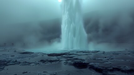 Obraz premium geyser erupts with a powerful fountain of water and steam, shooting them high into the air, surrounded by rocky terrain and fog