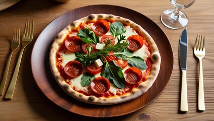Delicious Margherita pizza on a wooden plate top with pepperoni, tomato, cheese, leafy greens on a natural wooden table.