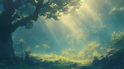 Obraz premium Soft beams of light breaking through the hazy atmosphere casting an enchanting glow over the forest.